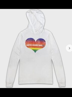 White Long Sleeve Hooded Tee with Rainbow Heart "United Against Hate"